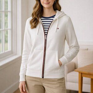 Tommy Hilfiger White Hoodie Petite S Cotton Blend Zip Red Blue Stripe